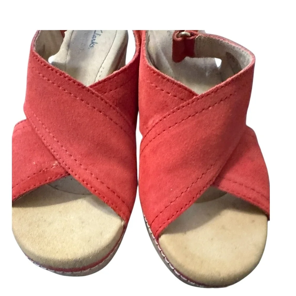 Clarks Collection Red Suede Wedge Slingback Sandals Women US 7.5 UK 5.5 - Picture 8 of 9